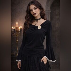 Vintage Y2K Black Knit Top MP Flared Sleeves Rosette Flower Balletcore Soft Girl